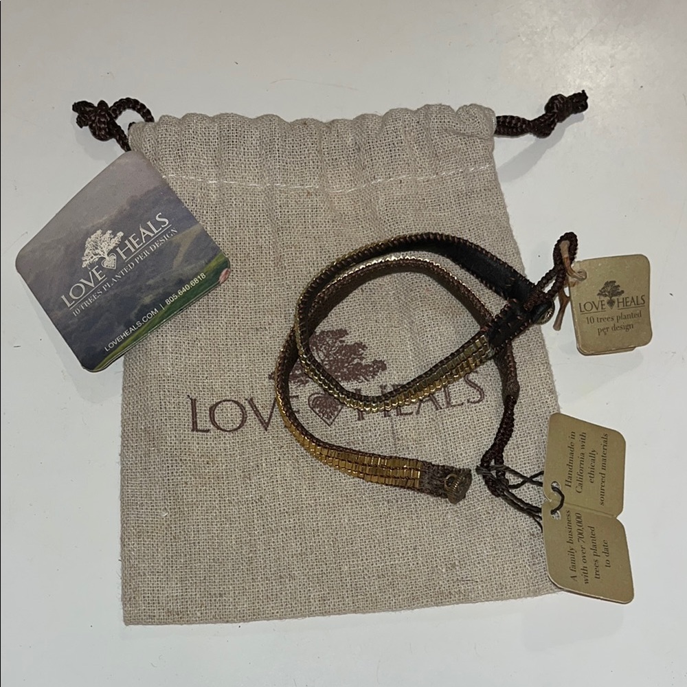 Love Heals Rustic Gold beaded Brown Leather Bracelet with brass button